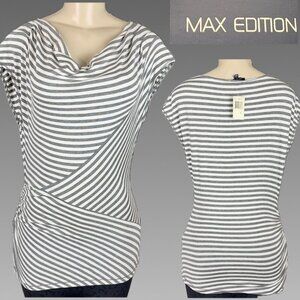 Max Edition L Gray Multi-Directional Striped Draped Neck Ruched Cap Sleeve Top